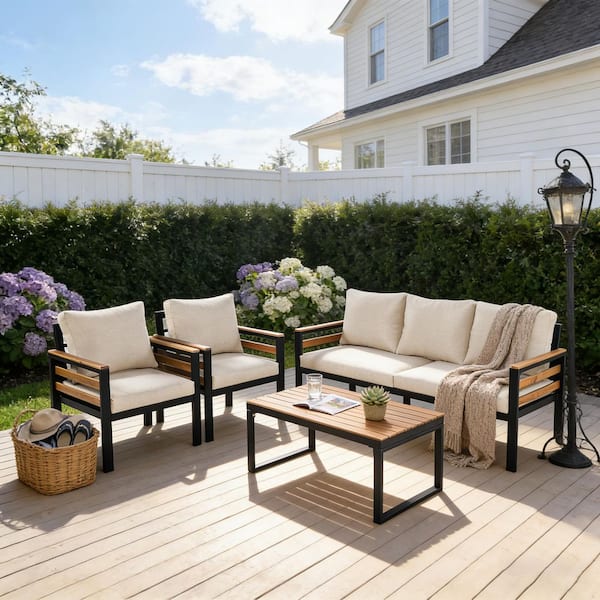 4-Piece Metal and Wood Patio Conversation Set with Beige Cushions ...