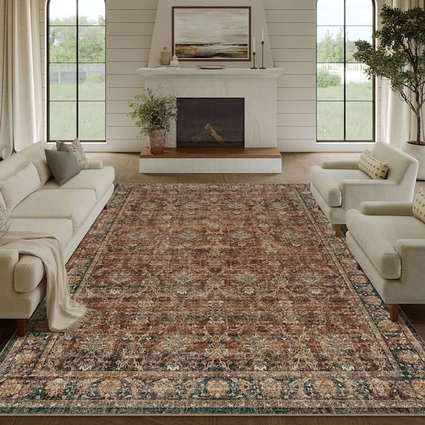 Shimmer Red 8 ft. x 10 ft. Washable Distressed Vintage Floral Area Rug