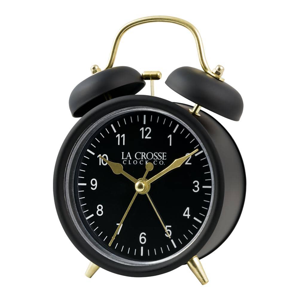 Black Twin Bell Quartz Analog Alarm Clock with Gold Accents