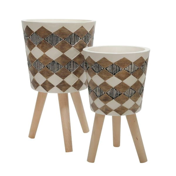 Benjara White and Brown Ceramic Body Planter with Wooden Leg Support (Set of 2)