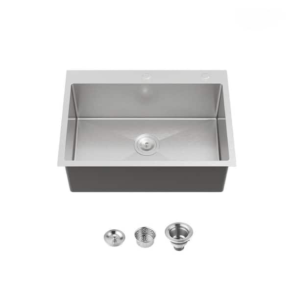 27 in. Drop In Single Bowl 20 Gauge Brushed Nickel Stainless Steel Kitchen Sink with Drain Strainer