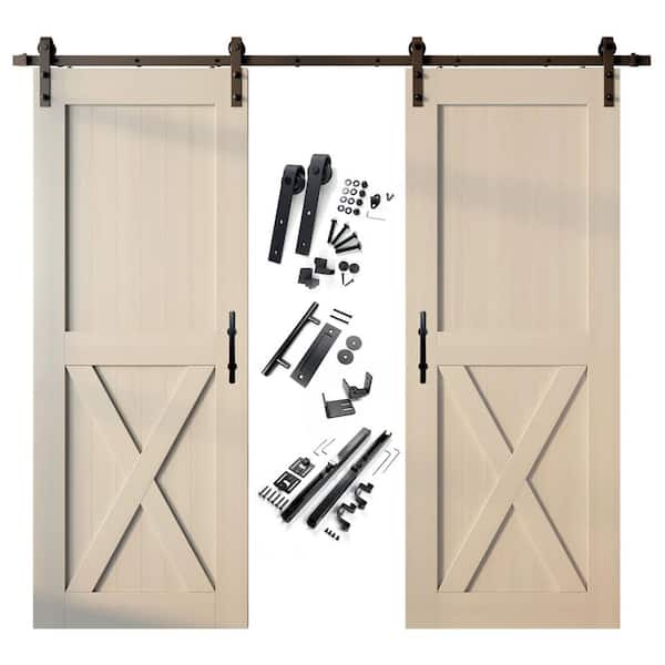 HOMACER 38 in. x 84 in. X-Frame Tinsmith Gray Double Pine Wood Interior Sliding Barn Door with Hardware Kit, Non-Bypass