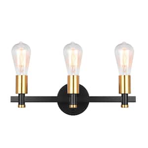 16 in. 3-Light Industrial Black/Gold Vanity Light with Clear Glass Shade