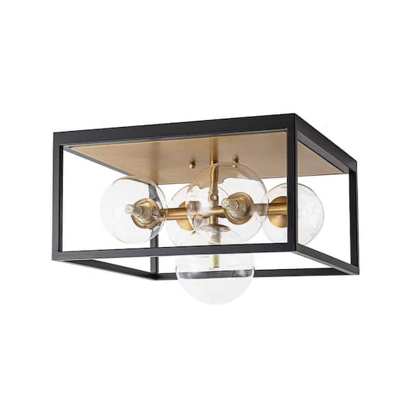 14.17 in. 5-Light Black Gold Modern Farmhouse Open-Caged Flush Mount Close to Ceiling Light with Clear Glass Shade