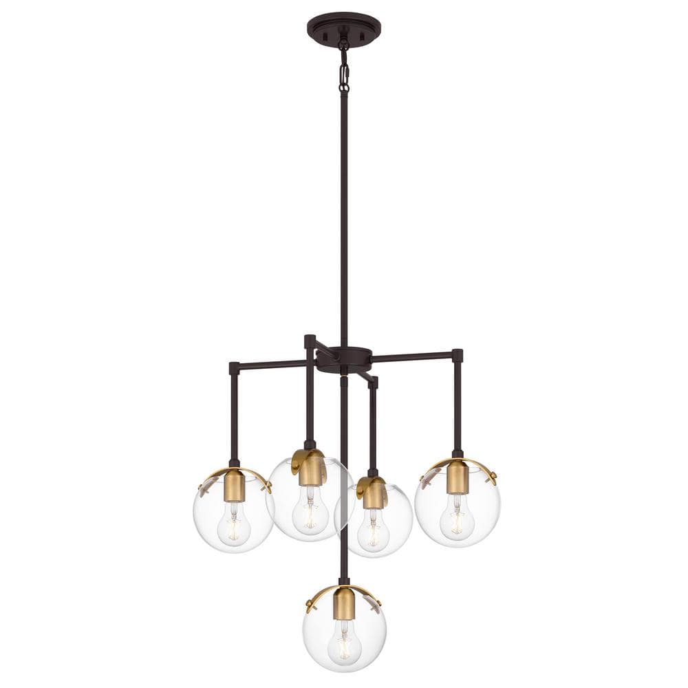 5-Light Bronze Chandelier with Brushed Gold Accents and Clear Glass Shades