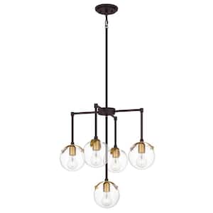 5-Light Bronze Chandelier with Brushed Gold Accents and Clear Glass Shades