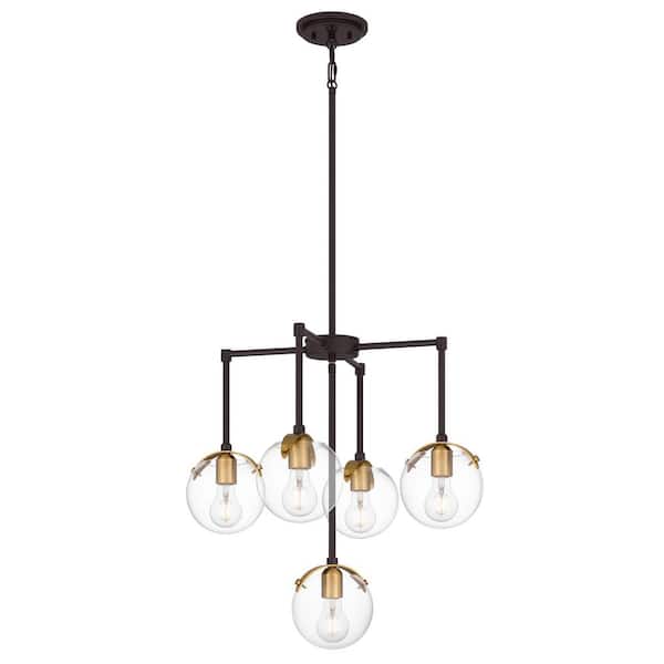 DSI LIGHTING 5-Light Bronze Chandelier with Brushed Gold Accents and Clear Glass Shades
