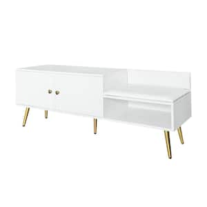 19.3 in. H x 54.3 in. W White Modern Entryway Shoe Storage Bench with 2 Intricate Grooves Doors, PU Upholstered Cushion
