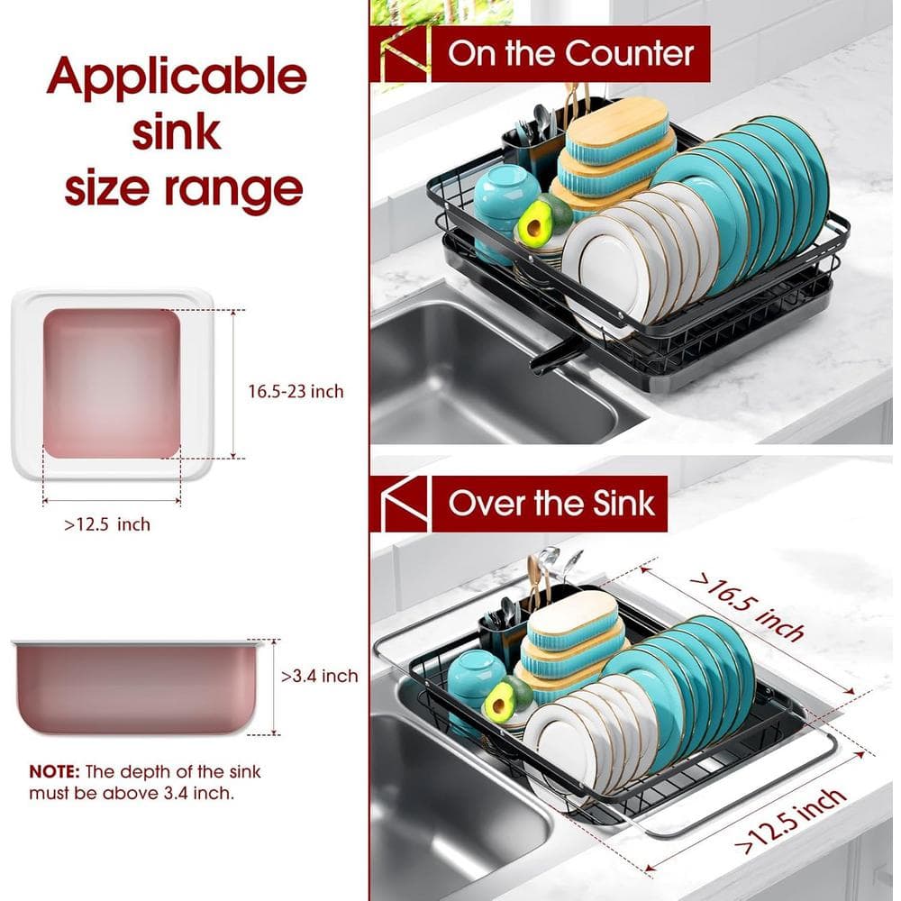 Black Stainless Steel Expandable Dish Drying Rack with Utensil Cup