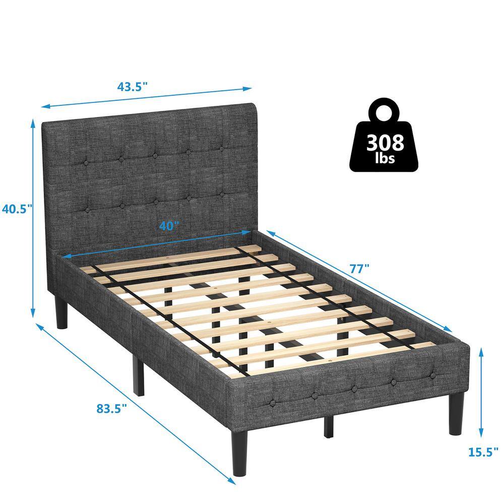 Modern Twin Upholstered Bed Frame with Nailhead Trim and Metal Headboard