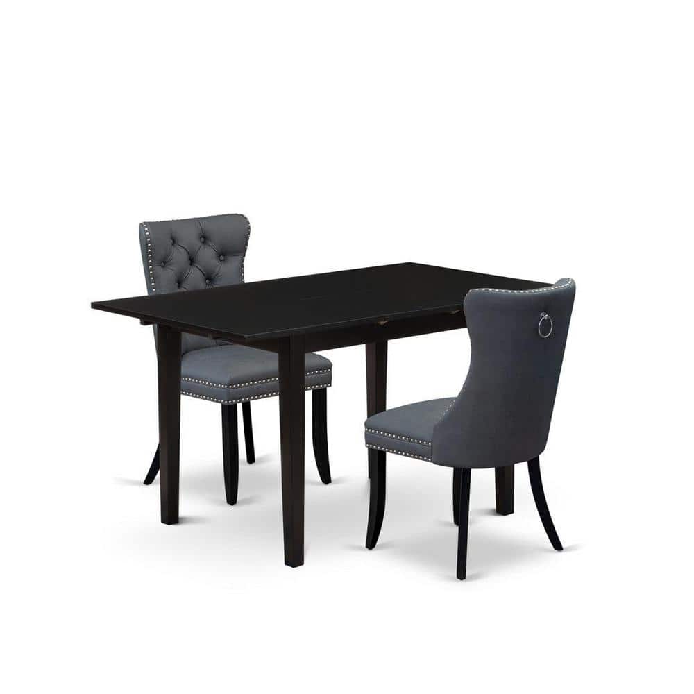 3-Piece Black Finish Rectangular Solid Wood Top with Butterfly Leaf Dining Table Set