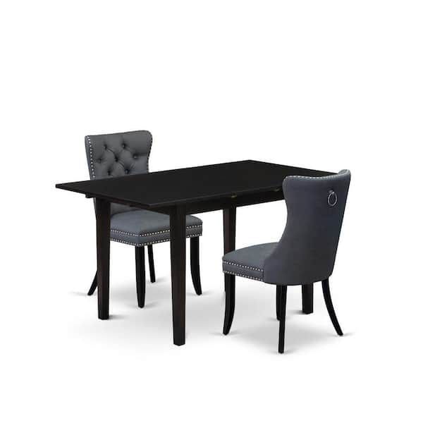 East West Furniture 3-Piece Black Finish Rectangular Solid Wood Top with Butterfly Leaf Dining Table Set