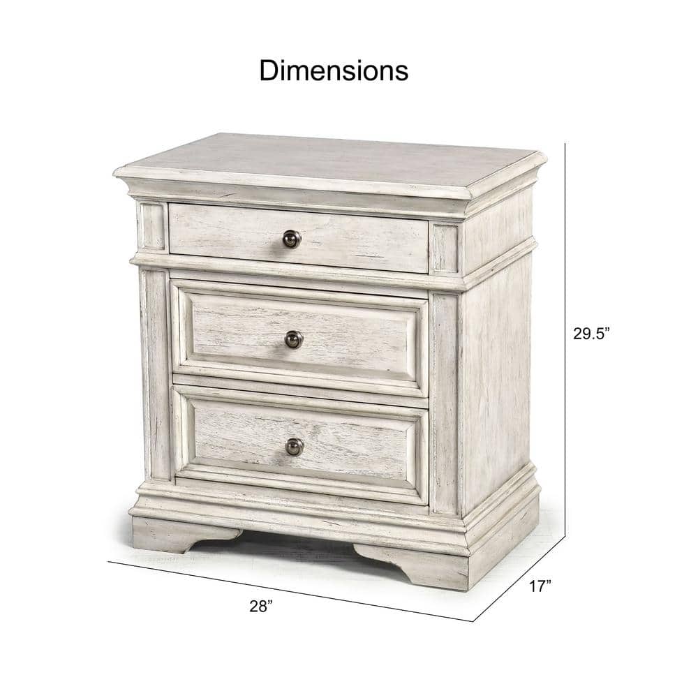 Highland Park Transitional 3-Drawer Nightstand in Distressed Ivory