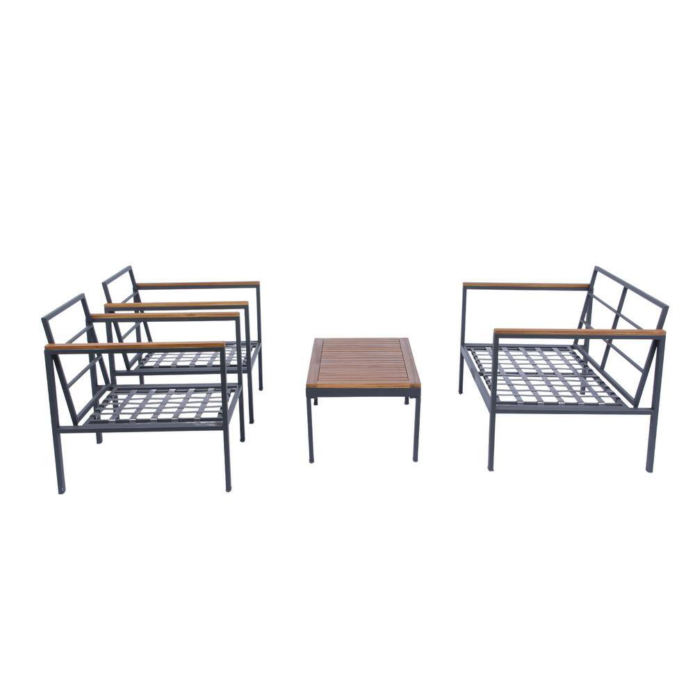Dark Gray Steel 4-Piece Patio Conversation Set with Wood Accents