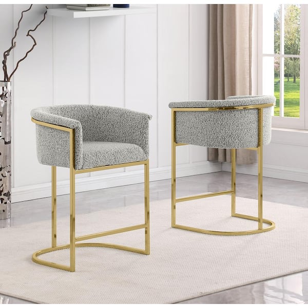 Best Quality Furniture Luke Rich Gray Boucle Fabric Dining Chair Set of 2 with Floor Adjuster Gold Chrome Base