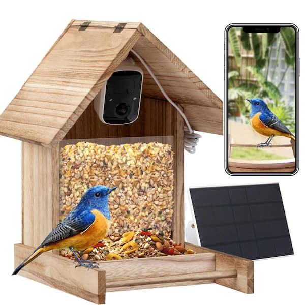 Wooden Wild Smart Bird Feeder with Camera 1080P HD Solar Powered AI Identify Seed Feeder