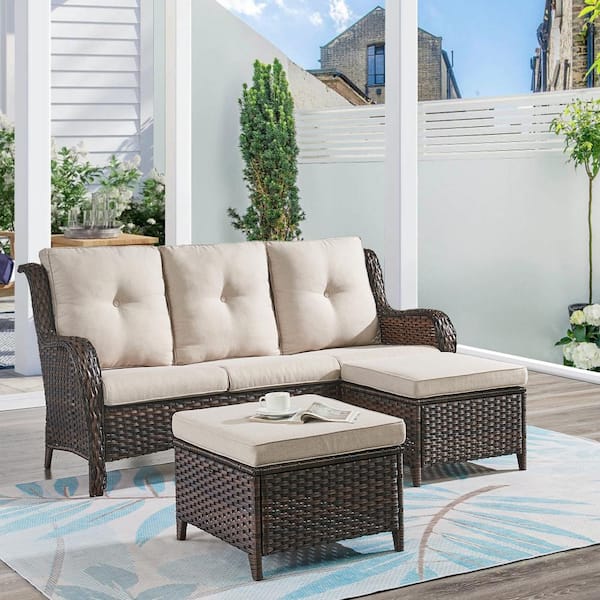 ArcoBay 3-Piece Brown Wicker Outdoor 3-Seat Sectional Couch Sofa with CushionGuard Beige Cushions and Ottomans