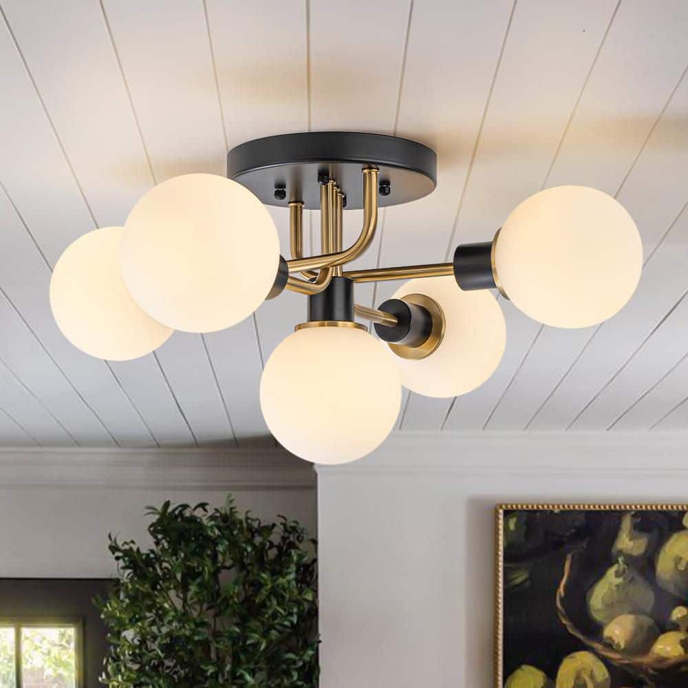 Ceder 5-Light 21.3 in. W Black and Brass Semi-Flush Mount Sputnik Ceiling Light with Frosted Opal Glass for Living Room price history on PriceWatchPro