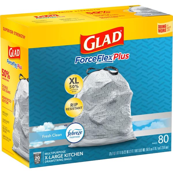 Glad ForceFlex 20 Gal. Trash Bags Kitchen Pro Drawstring Fresh Clean (80-Count)