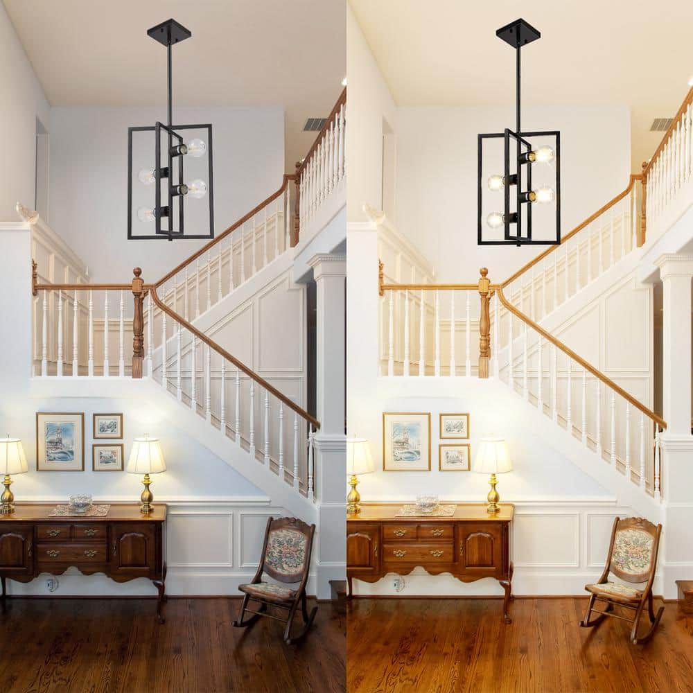 Black Geometric Metal Lantern Chandelier with Candle Bulbs