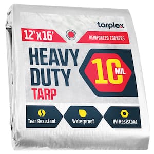 Tarplex 12 ft. x 16 ft. White Heavy-Duty Tarp 10 mil Poly, Waterproof, UV Resistant for Patio Pool Cover Roof Tent