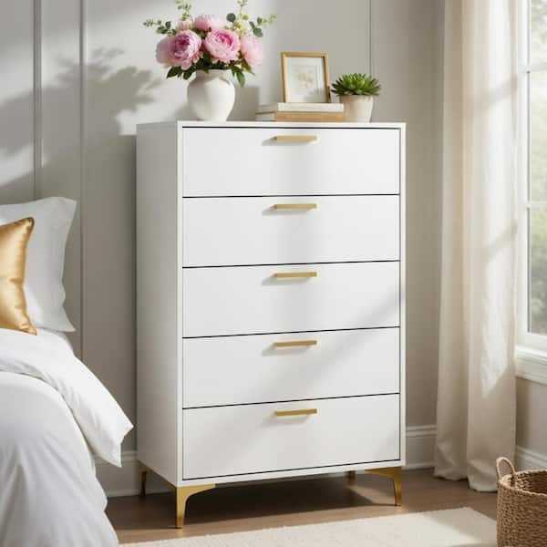 Benjara 15.75 in. White and Gold 5-Drawer Wooden Tall Dresser