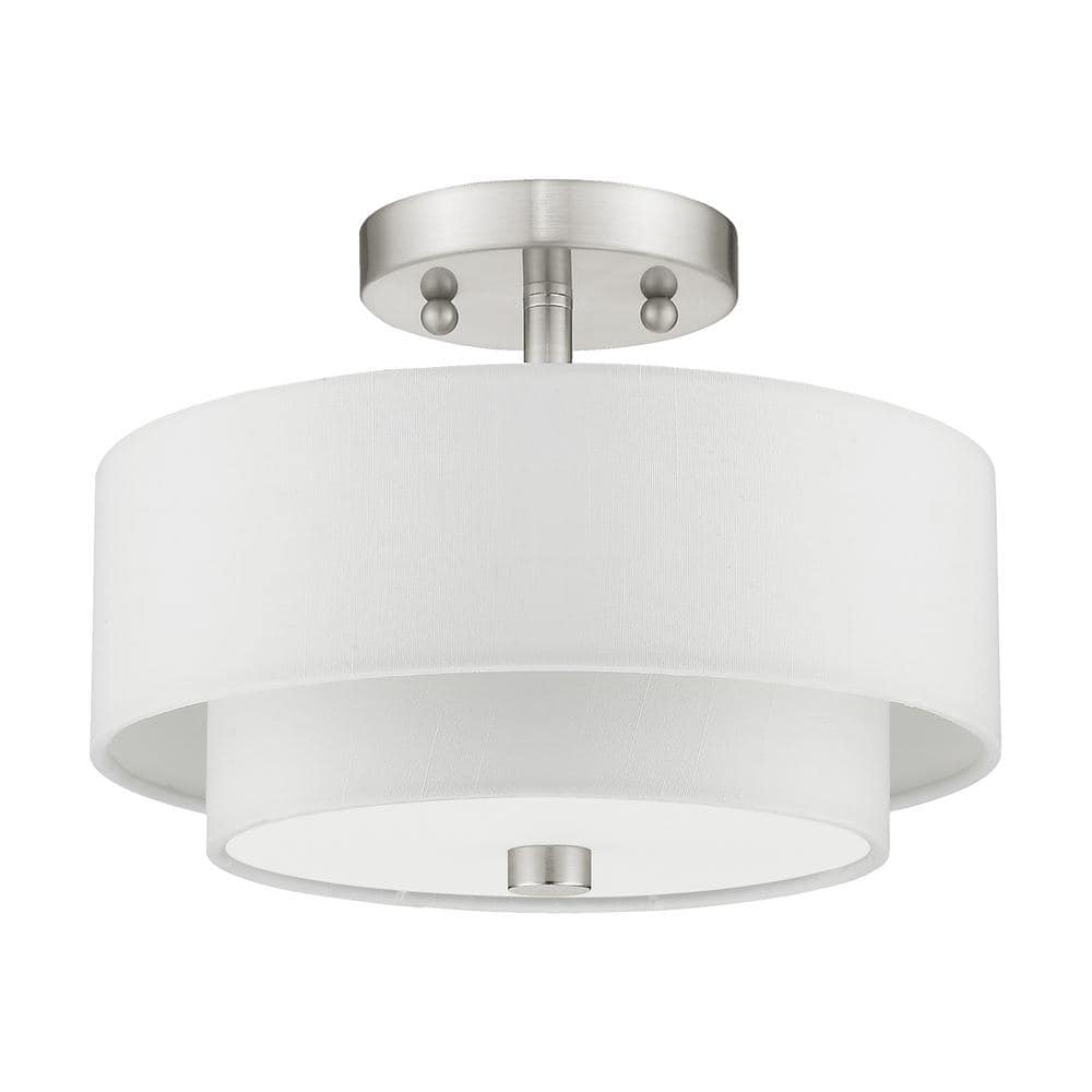 Claremont Brushed Nickel 2-Light Semi-Flush Mount with Off-White Drum Shade
