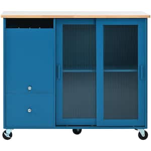 Navy Blue Rubber Wood Kitchen Cart with Drop Leaf and 1 Flip Cabinet Door, an Adjustable Shelf and 2-Drawers