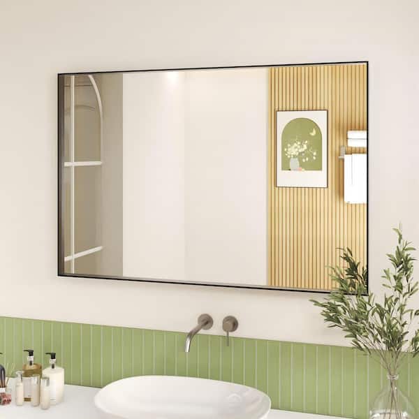 48 in. W x 32 in. H Black Aluminum Rectangular Framed Wall Bathroom Vanity Wall Mount Mirror