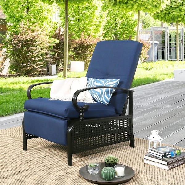 TIRAMISUBEST Metal Outdoor Recliner Lounge Chair with Navy Blue