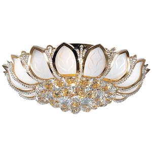 23.62 in. 7-Light Modern Gold Lotus Flower Shape Crystal Flush Mount Ceiling Lamp and No Bulbs Included