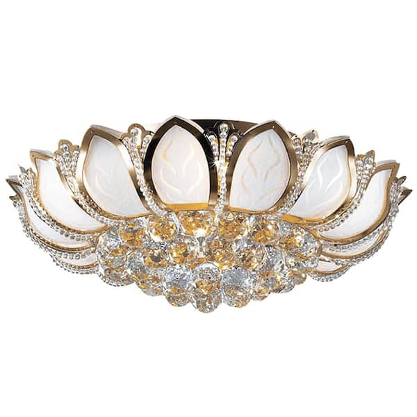 OUKANING 23.62 in. 7-Light Modern Gold Lotus Flower Shape Crystal Flush Mount Ceiling Lamp and No Bulbs Included