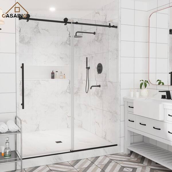 56-60 in. W x 76 in. H Sliding Frameless Shower Door in Matte Black with Clear Glass