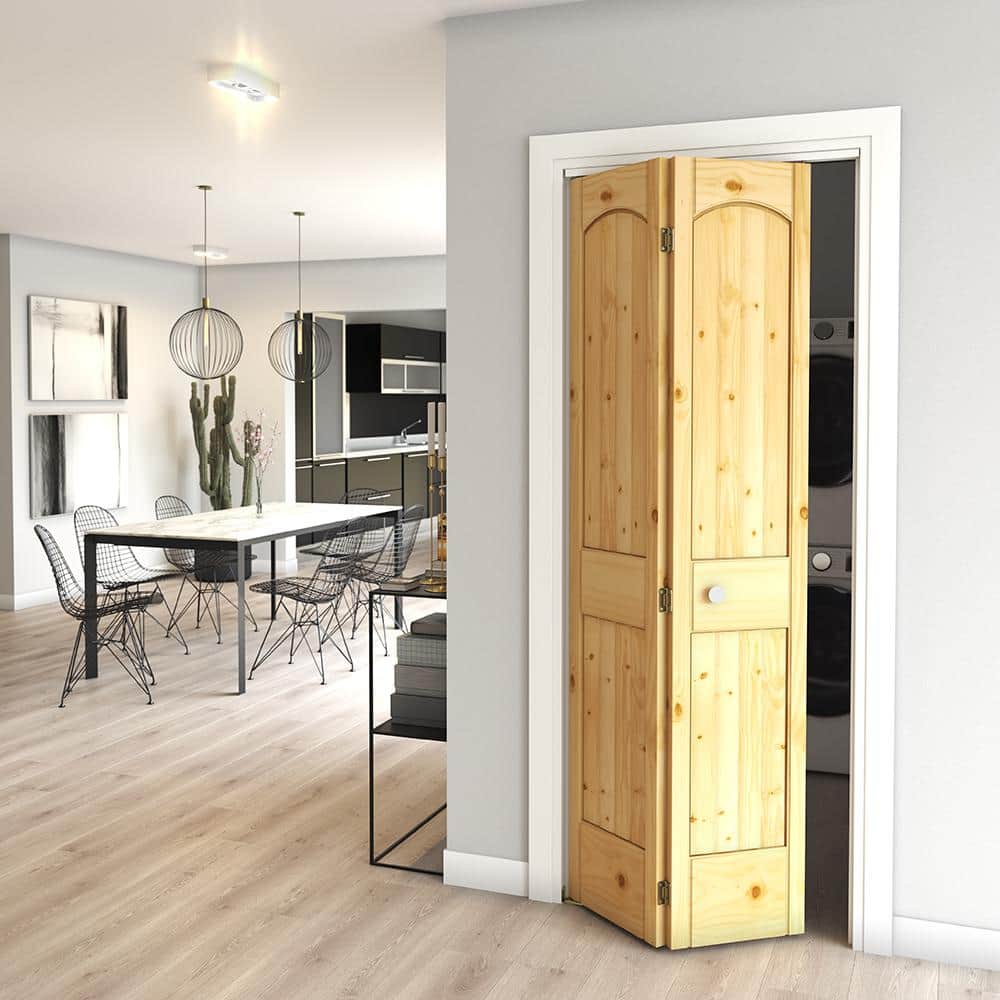 Natural Unfinished Pine Wood 2-Panel Arch Top Bifold Door with Brass Hardware