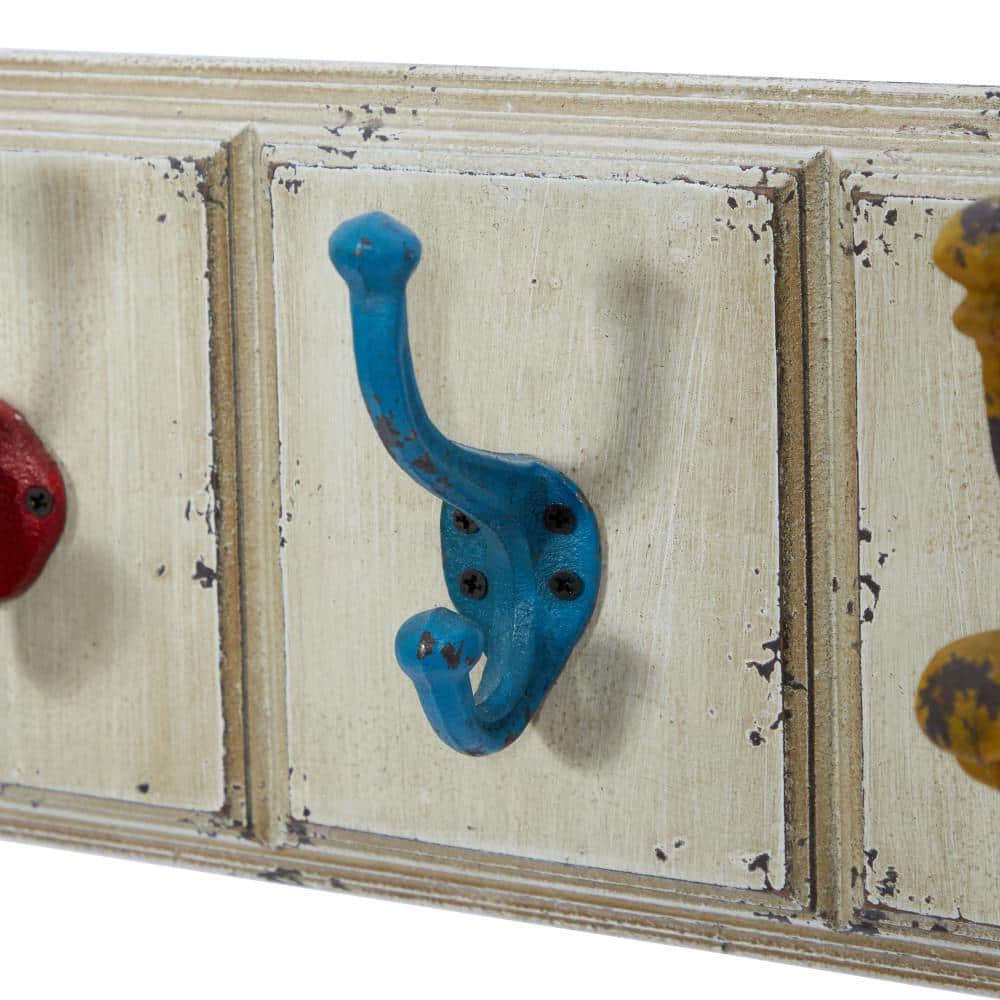 24" White Wood Wall Hook with Multicolor Metal Hangers