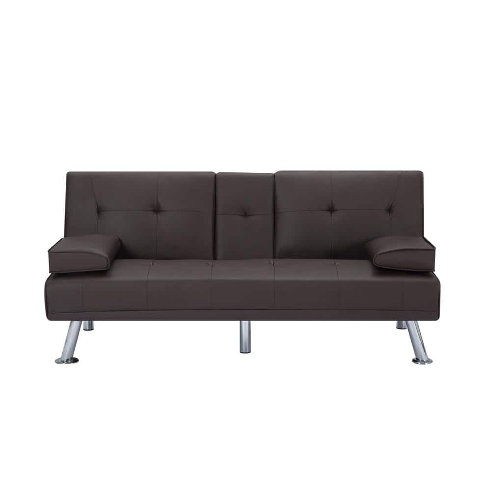 66.1 in. Brown Faux Leather Twin Size Sofa Bed