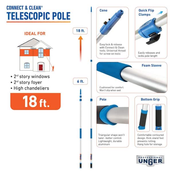 Unger 18 ft. Aluminum Telescoping Extension Pole - Connect and Clean Locking Cone and Quick-Flip Clamps 972960 - The Home Depot Unger 18 ft. Aluminum Telescoping Extension Pole - Connect and Clean Locking Cone and Quick-Flip Clamps 972960 - The Home Depot