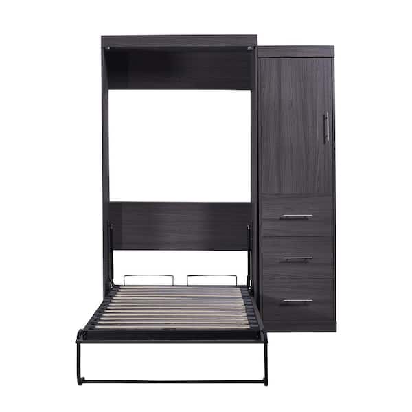 Angel Sar Gray Wood Frame Twin Murphy Bed with Wardrobe and 3-Storage Drawers Storage Bed Can be Folded into a Cabinet