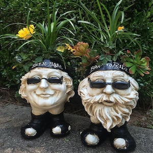 13 in. H Biker Dude and Babe Antique White Muggly Face Planter in Motorcycle Attire Statue Holds 4 in. Pot