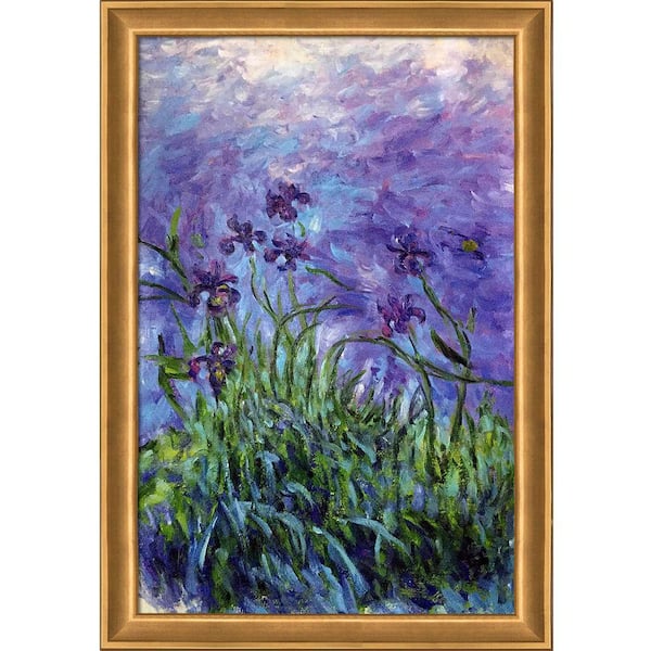 LA PASTICHE Lilac Irises by Claude Monet Muted Gold Glow Framed Nature Oil Painting Art Print 28 in. x 40 in.