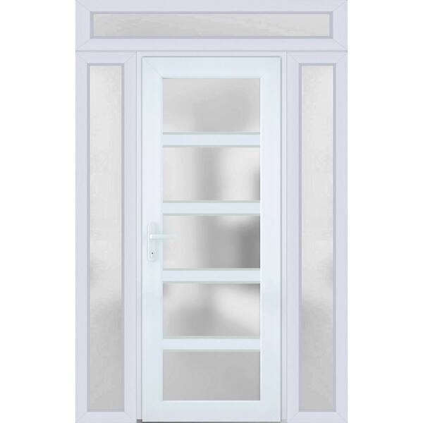 VDOMDOORS 58 in. x 94 in. Right-Hand/Inswing 3 Sidelights Frosted Glass White Silk Steel Prehung Front Door with Hardware