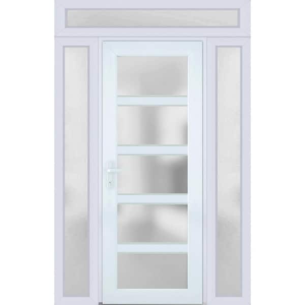 VDOMDOORS 64 in. x 94 in. Right-Hand/Inswing 3 Sidelights Frosted Glass White Silk Steel Prehung Front Door with Hardware