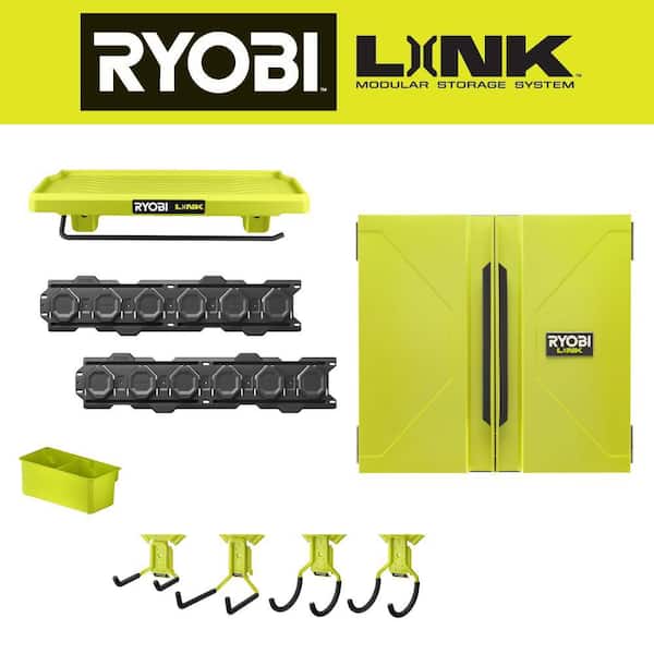 RYOBI LINK Wall Cabinet with LINK 7-Piece Wall Storage Kit and LINK Cleaning Shelf