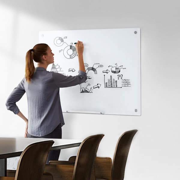 Magnetic Glass Whiteboard, 23.62 in. x 35.43 in. White Metal Framed Dry Erase Board with Marker Tray, Memo Board