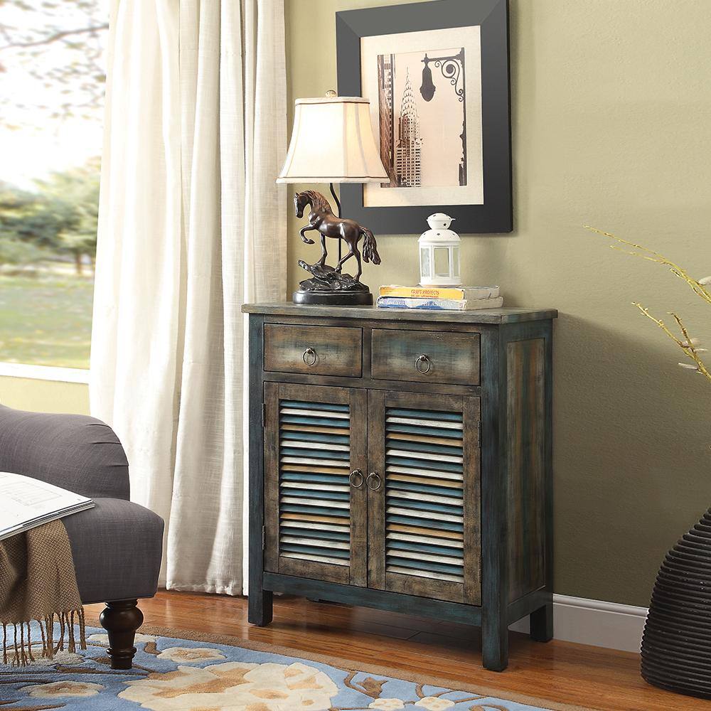 Antique Oak and Teal Vintage-Inspired Console Table with Storage