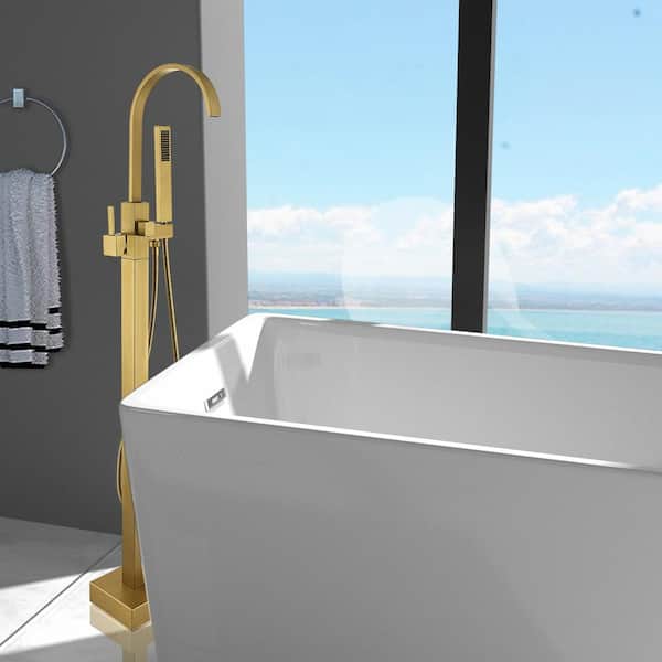 Single-Handle Floor Mount Freestanding Tub Faucet with Hand Shower in Brushed Brass