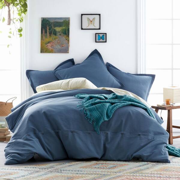 Cstudio Home by The Company Store Asher 3-Piece Smoke Blue Solid Cotton Full Duvet Cover Set