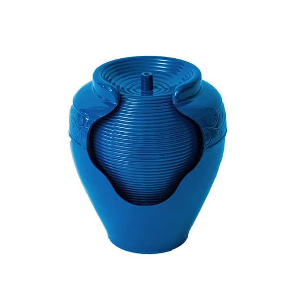 XBRAND 17 in. Tall Round Blue Vase Fountain w/Ridges Waterfall, Indoor- Outdoor Fountain, Lawn and Garden, Jar Fountain