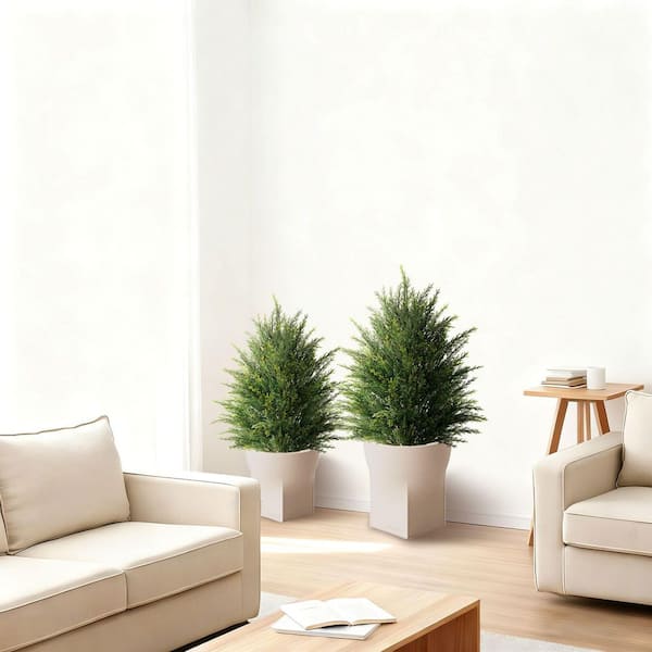 2 ft. Artificial Cedar Topiary Tree Realistic Faux Pine Shrubs Plants Outdoor Indoor Decor (Set of 2)