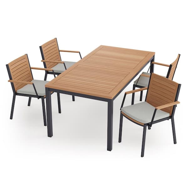NewAge Products Monterey 5 Piece Aluminum Teak Outdoor Patio Dining Set in Cast Silver Cushions with 72 in. Table